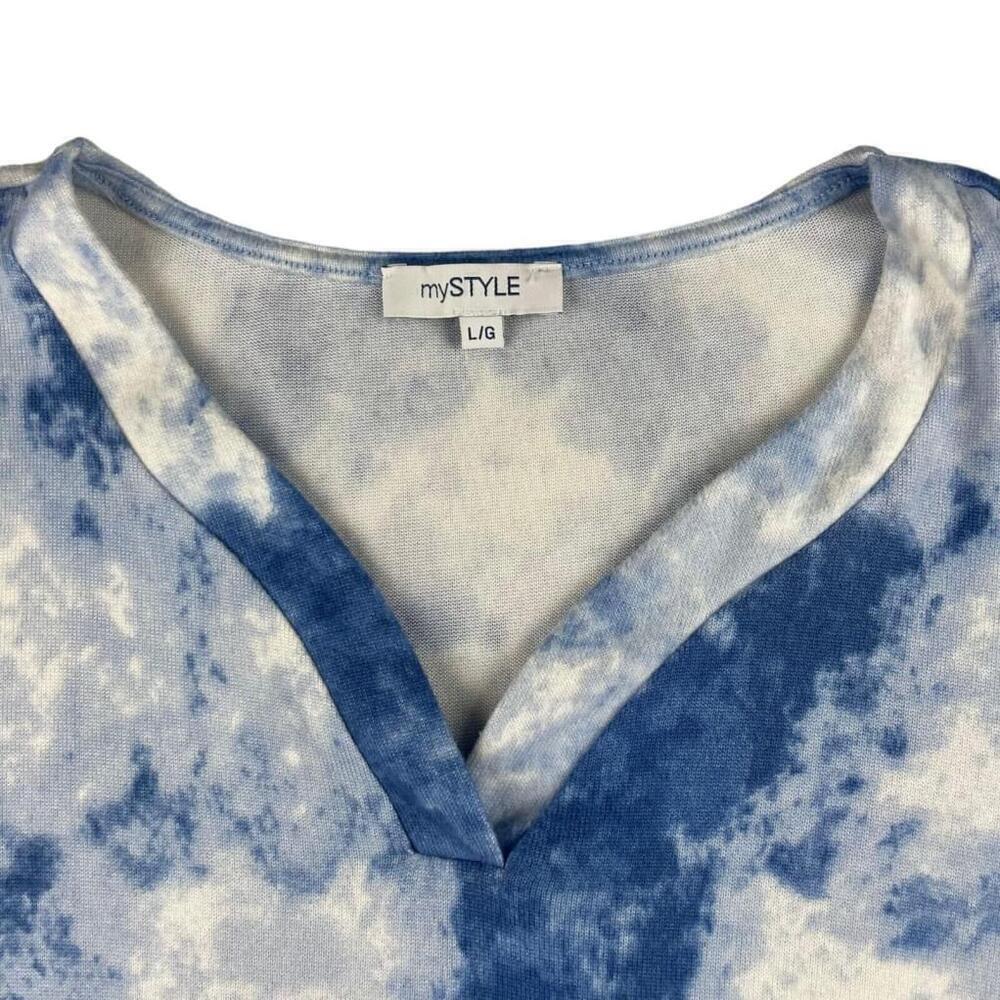 My Style Sweatshirt Womens Large Blue White Tie Dye Ruched Long Sleeve V Neck - Picture 3 of 11